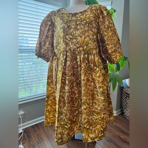 Kika Vargas Yellow and Brown Casual Puff Sleeve Dress
